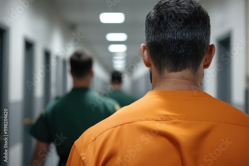 An inmate dressed in orange walks down a prison hallway alongside guards, symbolizing the reality of incarceration and the constant vigilance present in correctional facilities. photo