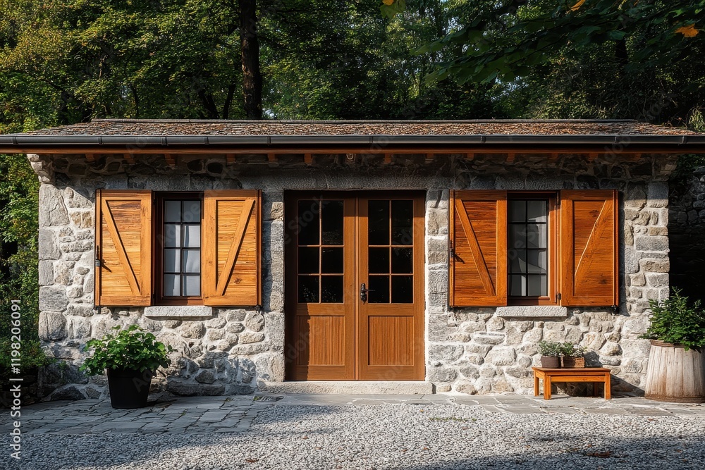 Stone building with wooden doors and shutters. Perfect for showcasing rustic architecture and tranquil settings. Stone building with wooden doors and shutters. Perfect for showcasing rustic architecture and tranquil settings.