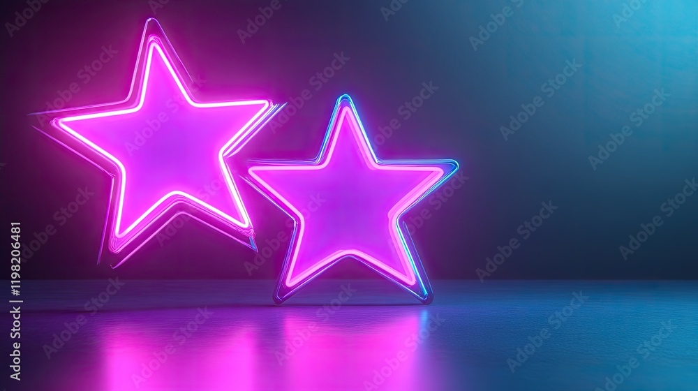 Fototapeta premium Purple neon stars glowing on a soft, gradient black and blue background.