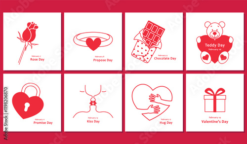 Valentine Week 2025 set of vector cards, Rose, Propose, Chocolate, Teddy, Promise, Kiss and Hug Day, Valentine's day