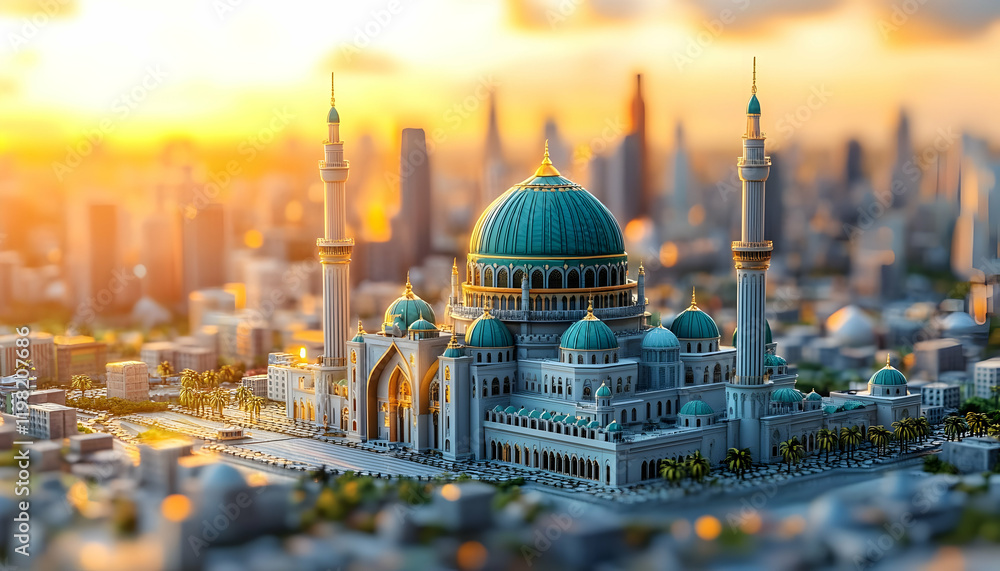 Obraz premium Sunset Mosque Cityscape Model Diorama