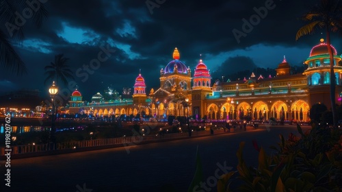 A nighttime shot of Vidhana Soudha with colorful lights illuminating its structure, creating a festive ambiance. photo