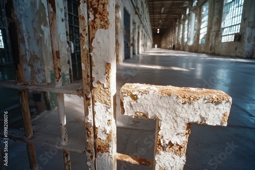 The image captures the decaying beauty of rusted bars in an old prison, showcasing the haunting atmosphere and the passage of time within the derelict structure. photo