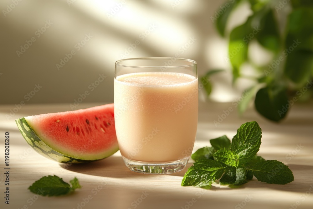 Refreshing watermelon smoothie in a glass, garnished with mint, perfect for a summer day. Refreshing watermelon smoothie in a glass, garnished with mint, perfect for a summer day.