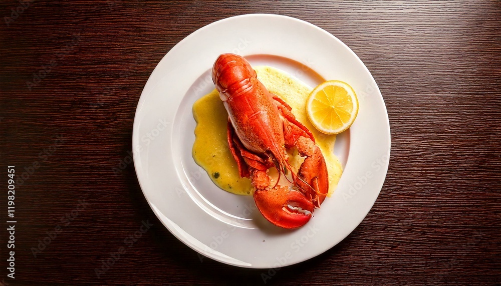 lobster thermidor and lemon slice on white plate, restaurant table background, copy space lobster thermidor and lemon slice on white plate, restaurant table background, copy space