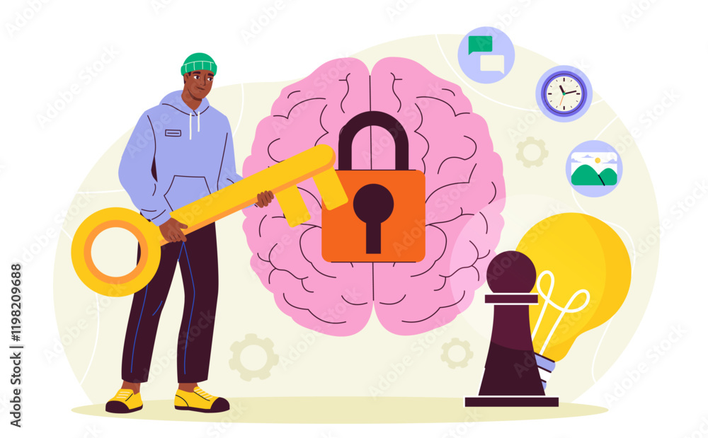 Key to brain. Man with golden key to mind. Mental and psychological health, intelligence. Inner peace and freedom. Creative decision and solution. Flat vector illustration Key to brain. Man with golden key to mind. Mental and psychological health, intelligence. Inner peace and freedom. Creative decision and solution. Flat vector illustration