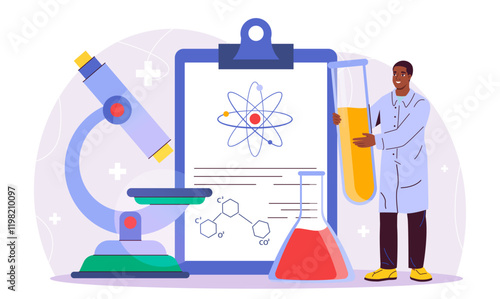 Chemist in laboratory. Man with test tube with reagent near microscope. Scientist in lab. Pharmaceuticals and biochemistry, molecular biology. Drug development. Flat vector illustration