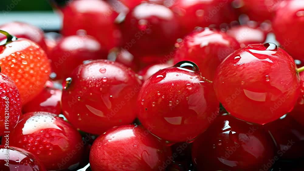 Fresh red cherries with droplets on a dark background Fresh red cherries with droplets on a dark background