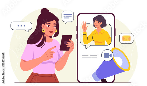 Communication in social networks. Woman communicates with friend on social media. Video call or conference. Remote communication and interaction in messengers. Flat vector illustration