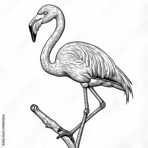 Majestic Flamingo: A Black and White Ink Drawing of an Elegant Waterbird in its Natural Habitat photo