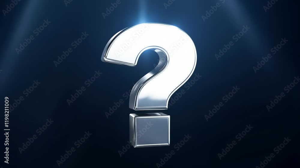 A metallic silver question mark symbol on a dark gradient background, representing curiosity, uncertainty, and inquiry in design, 4k video footage
A metallic silver question mark symbol on a dark gradient background, representing curiosity, uncertainty, and inquiry in design, 4k video footage