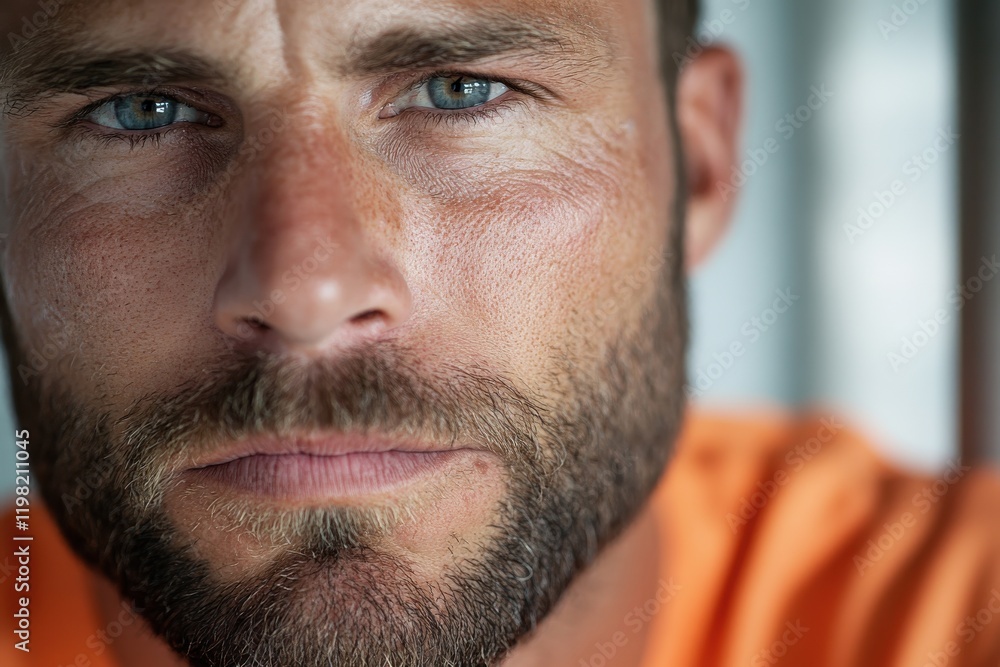Fototapeta premium A captivating close-up of a focused man's blue eyes and serious expression, representing determination, character, and emotional depth against a soft background.