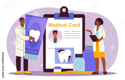 Team of dentists. Man and woman in medical uniform near toothpaste and tooth picture. Healthcare and medicine. Diagnosis and treatment. Dentistry and stomatology. Flat vector illustration