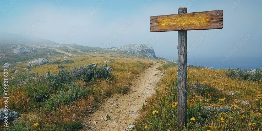 A tranquil landscape featuring a dirt path leading through foggy hills, marked by a weathered wooden sign, evoking a sense of adventure and exploration. A tranquil landscape featuring a dirt path leading through foggy hills, marked by a weathered wooden sign, evoking a sense of adventure and exploration.