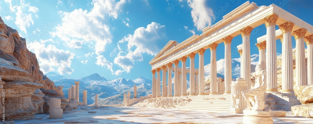 Fototapeta premium A grand ancient temple with majestic columns under a bright blue sky, surrounded by mountains and clouds, evoking a sense of history and beauty.