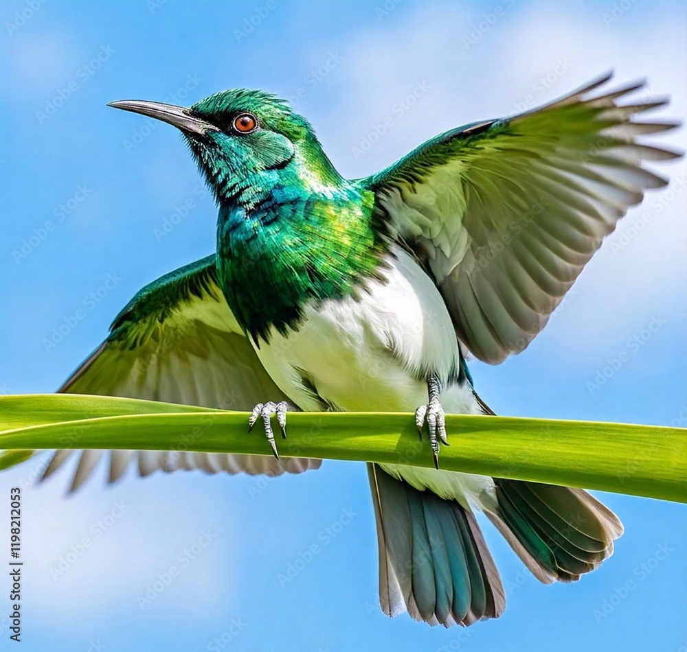 Obraz premium A bird with green and white feathers perched on a green plant stem. The bird appears to be spreading its wings.