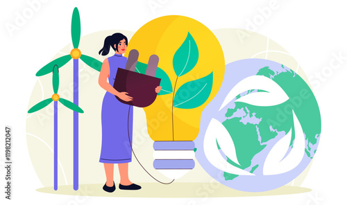 Woman with clean energy. Young girl near huge light bulb and windmills. Alternative energy and electricity. Caring for nature, ecology and environment. Flat vector illustration
