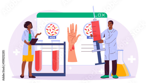 Team of endocrinologists. Man and woman in medical uniform are studying internal organs. Biology and anatomy. Medicine and healthcare. Blood test. Flat vector illustration