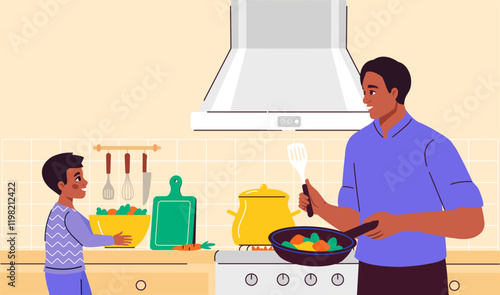 Family cooking in kitchen. Man and boy preparing fried vegetables. Cooking and hobbies. Household chores and routine. Proper diet and nutrition, healthy eating. Flat vector illustration
