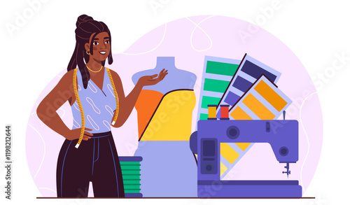 Fashion designer in studio. Woman near sewing machine and palette with colors. Fashion, trend and style. Seamstress or tailor in workshop. Aesthetics and elegance. Flat vector illustration