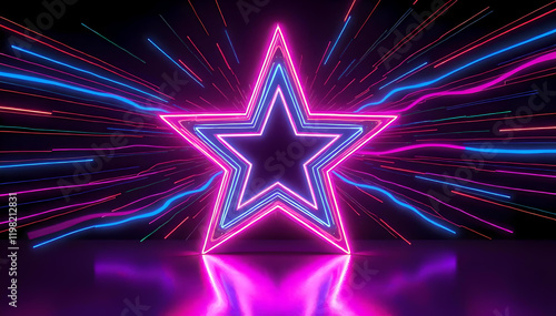 A mesmerizing neon star radiates vibrant light beams, set against a sleek background, creating a dynamic and futuristic motion effect in vivid detail