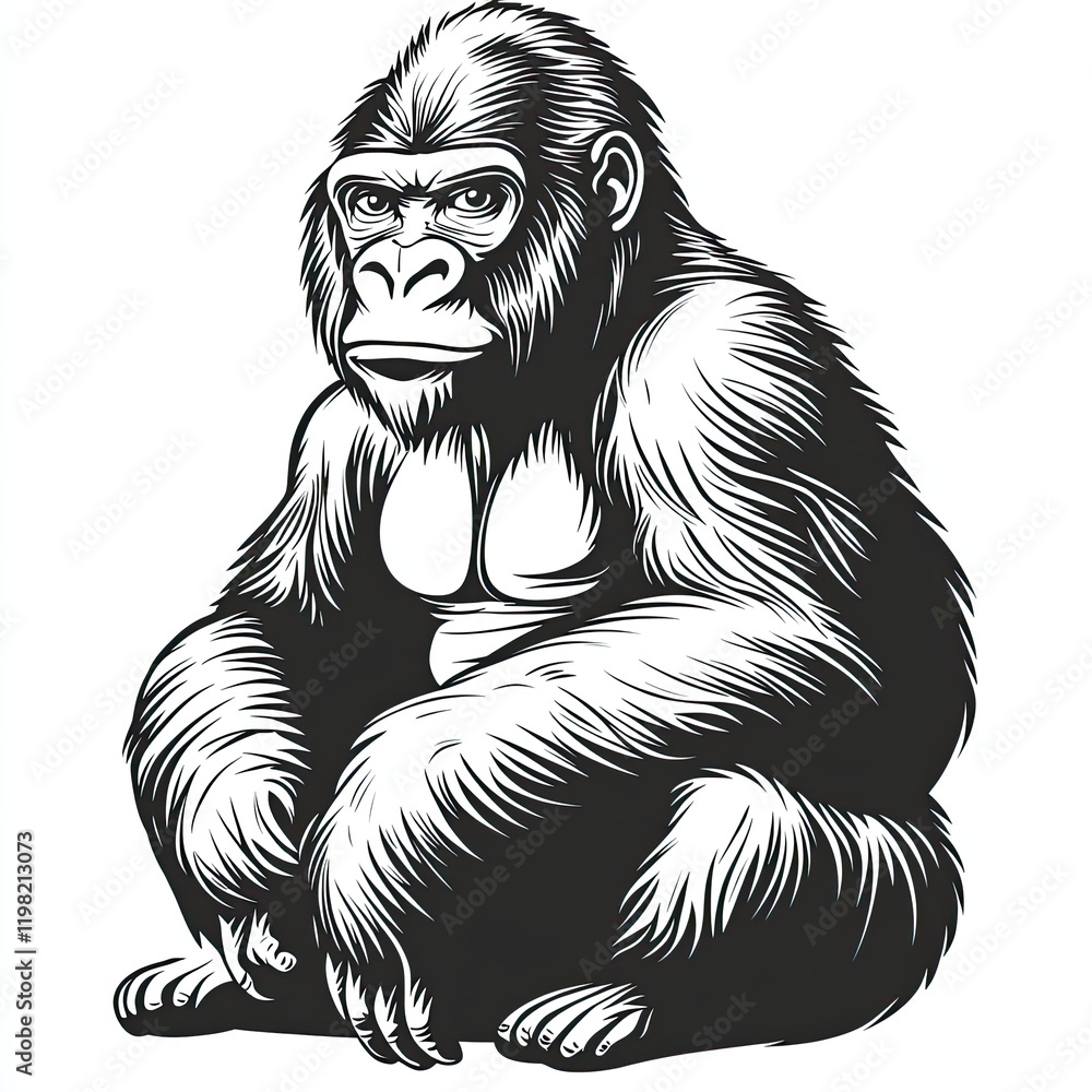 Obraz premium Majestic Gorilla: A Stunning Black and White Illustration of a Powerful Ape in its Natural Habitat