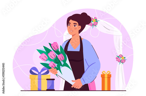 Floral designer with bouquet. Woman with beautiful flowers. Romantic gift and present, surprise. Room decoration, decorative elements. Bloom and blossom plants. Flat vector illustration