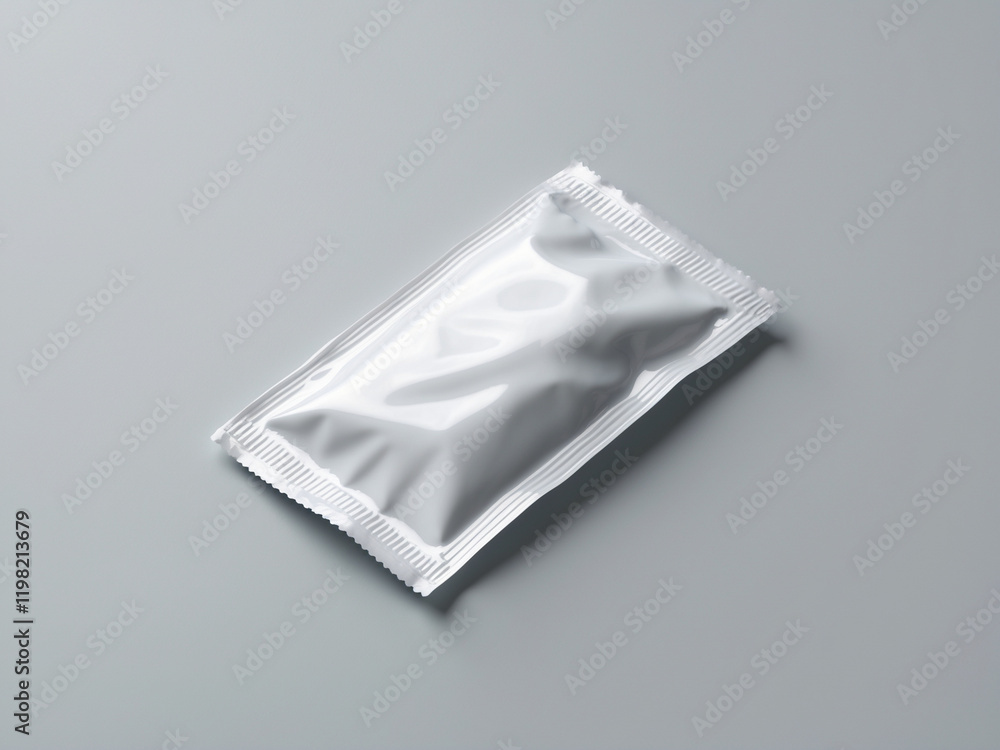 Minimalistic image of a white, glossy, sealed sachet standing upright against a neutral gray background, showcasing modern packaging design. Minimalistic image of a white, glossy, sealed sachet standing upright against a neutral gray background, showcasing modern packaging design.