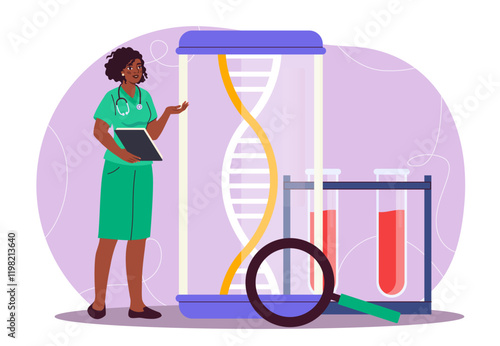 Geneticist studies dna. Woman in medical uniform with magnifying glass near molecule. Healthcare and medicine. Chemistry and biology. Experiments in laboratory. Flat vector illustration