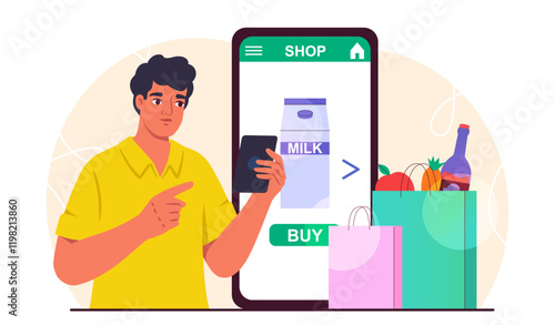 Man buys grocery online. Young guy with smartphone buys milk on Internet. Online shopping and home delivery. Cashless transfers and transactions. Flat vector illustration