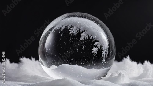Crystal ball, snowball with snowy Christmas tree inside. Animation of christmas snowflakes falling over snow globe on blured background. 4K Video