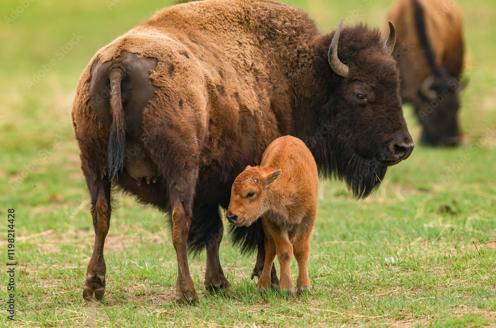 A Mother Bison looks toward her baby calf as it walks toward her backside to nurse at her udder. A Mother Bison looks toward her baby calf as it walks toward her backside to nurse at her udder.