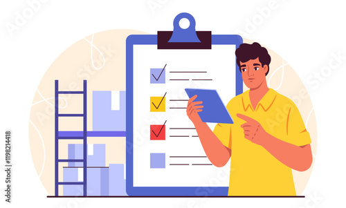 Inventory management concept. Man with clipboard near shelves with cardboard boxes. Shipping and distribution, logistics. Courier with parcels and goods. Flat vector illustration