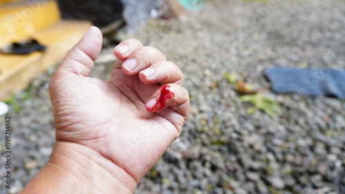 real blood stains on the right hand, concept photo, white background with various styles