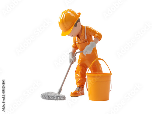 Small Repairman with Mop and Bucket on Transparent Background