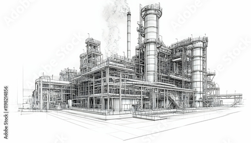 Refinery sketch, industrial complex, smoke, blueprint, design photo