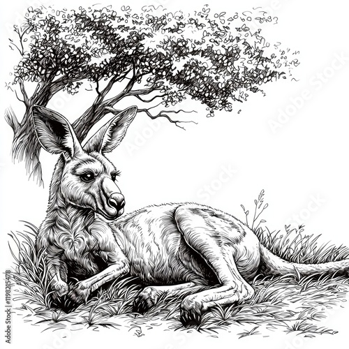 Majestic Kangaroo Resting Under a Tree: A Captivating Black and White Illustration of Australian Wildlife photo