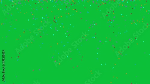 Colorful confetti particles falling on chroma key green screen background overlay motion graphics effect animation. Celebration, holiday, party, victory, achievement visual effect 4k video.