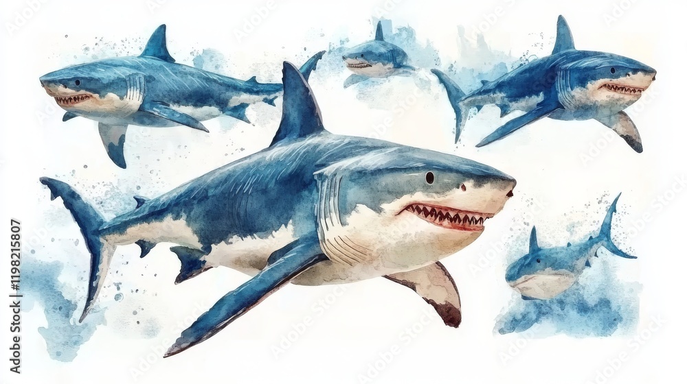 Fototapeta premium Watercolor illustration of a group of sharks on a white background