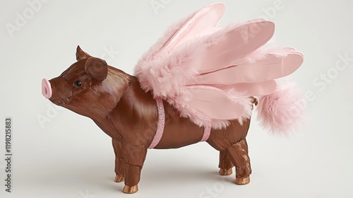 Pig figurine with pink wings.  Cute, stylized, decorative animal.  Playful, whimsical, and adorable.  Ideal for kids' room or decor.  Perfect for gifts.  Exceptional craftsmanship, high quality materi photo