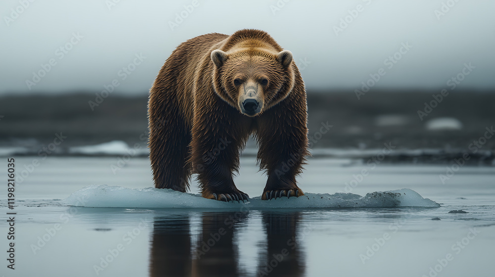 Obraz premium A polar bear is standing on top of a large ice block. The sky is dark and cloudy, and the water is calm. Concept of isolation and loneliness, as the polar bear is alone on the ice