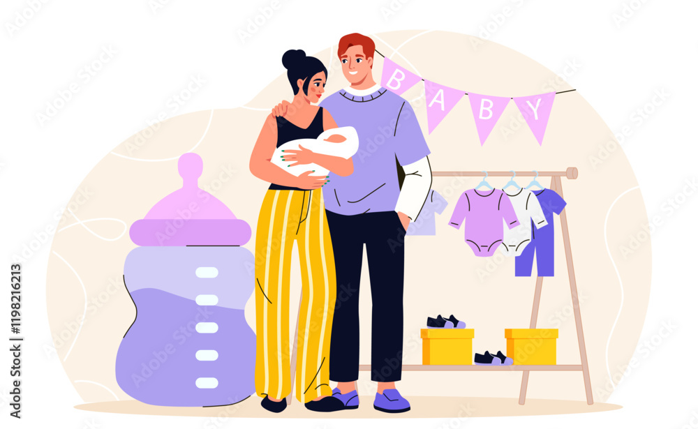 Fototapeta premium Parents with baby. Mother and father with toddler. Parenthood and childhood. Man and woman with kid. Husband and wife with newborn. Love and care. Flat vector illustration