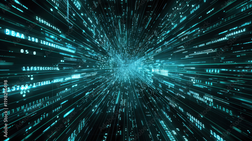 Fototapeta premium Digital data streams create sense of speed and technology, showcasing futuristic perspective with glowing blue lines and numbers
