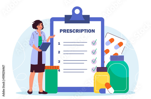 Pharmacist writes prescription. Woman in medical uniform near pills and blisters with medications. Healthcare and medicine. Diagnosis and treatment. Flat vector illustration