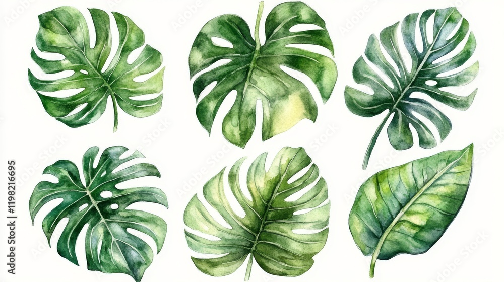 Watercolor monstera leaves set isolated on white background. Hand drawn illustration Watercolor monstera leaves set isolated on white background. Hand drawn illustration