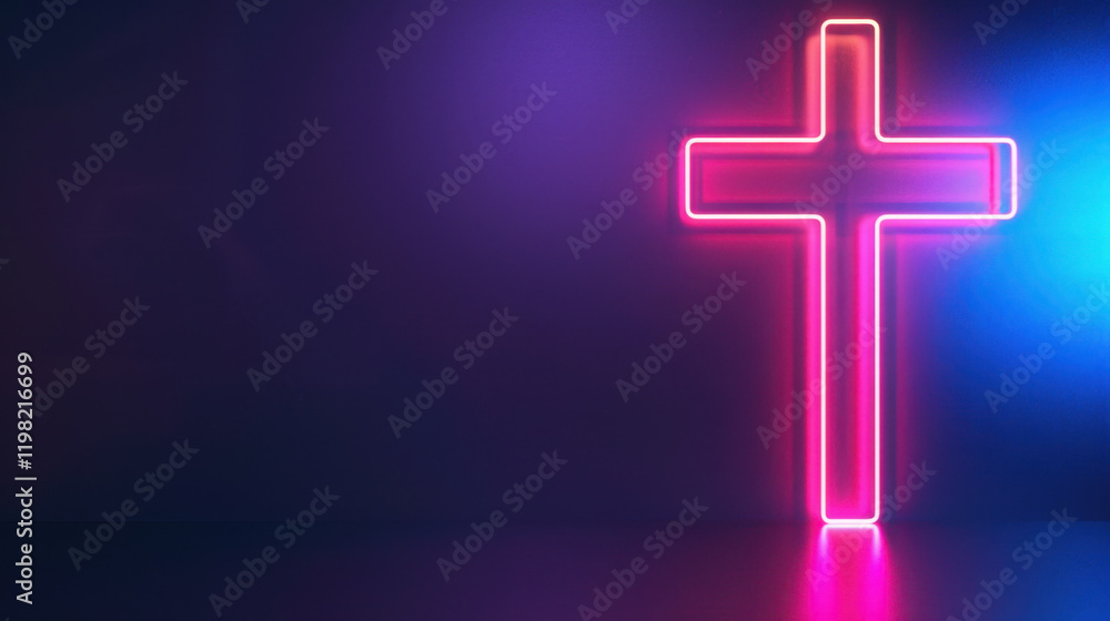 Fototapeta premium Neon cross illuminated in vibrant pink and blue light against dark background, creating striking visual effect