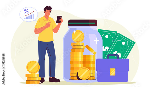 Man with profit. Young guy near briefcase and glass jar with gold coins and banknotes. Financial literacy and passive income. Trader, investor and businessman. Flat vector illustration