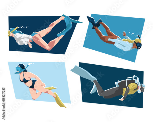 Set of female free diver, snorkeling, and scuba diver. Swimmer chaAracter. Underwater sport. Flat vector illustration.
