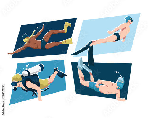 Set of male free diver, snorkeling, and scuba diver. Swimmer character. Underwater sport. Flat vector illustration.