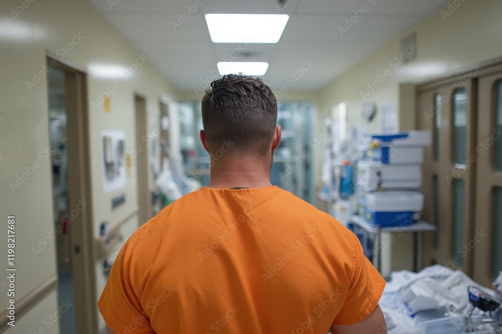 A figure in orange scrubs stands in a hospital corridor, hinting at the crucial role of medical professionals in a busy healthcare environment filled with urgency. A figure in orange scrubs stands in a hospital corridor, hinting at the crucial role of medical professionals in a busy healthcare environment filled with urgency.